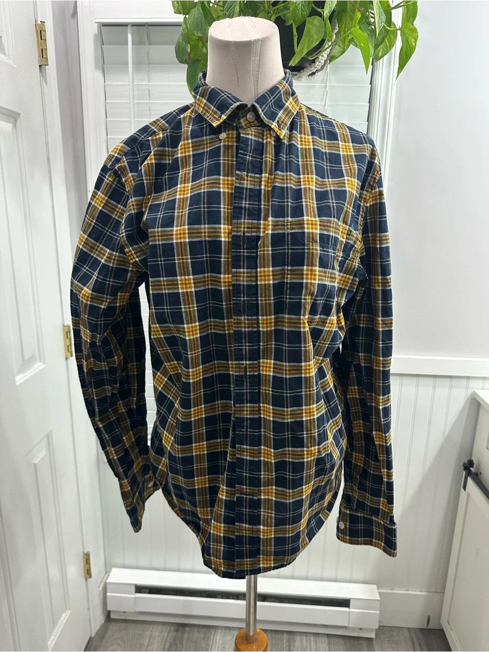 Banana Republic Navy and Mustard Plaid Button-Down Shirt